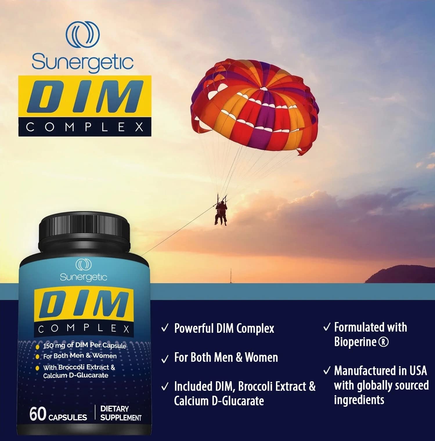 Sunergetic Premium DIM Supplement– 150mg DIM (diindolylmethane), Broccoli Sunergetic