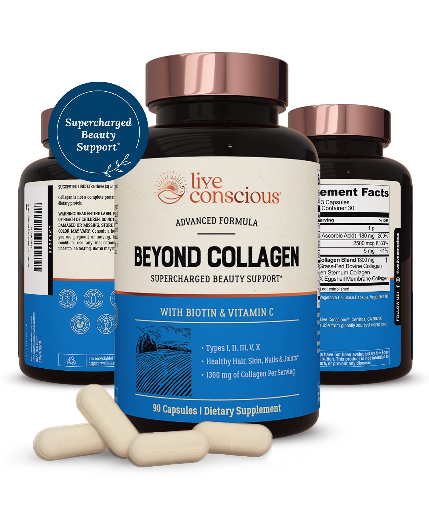 Live Conscious Beyond Collagen Multi Collagen Capsules - Types I, II, III, V & X 