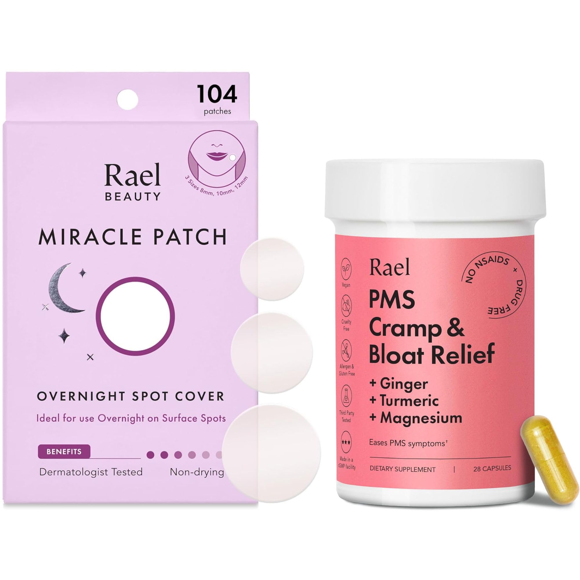Rael Bundle - Overnight Spot Cover Pimple Patches (104 Count) & PMS Supplement for Women (28 Capsules)