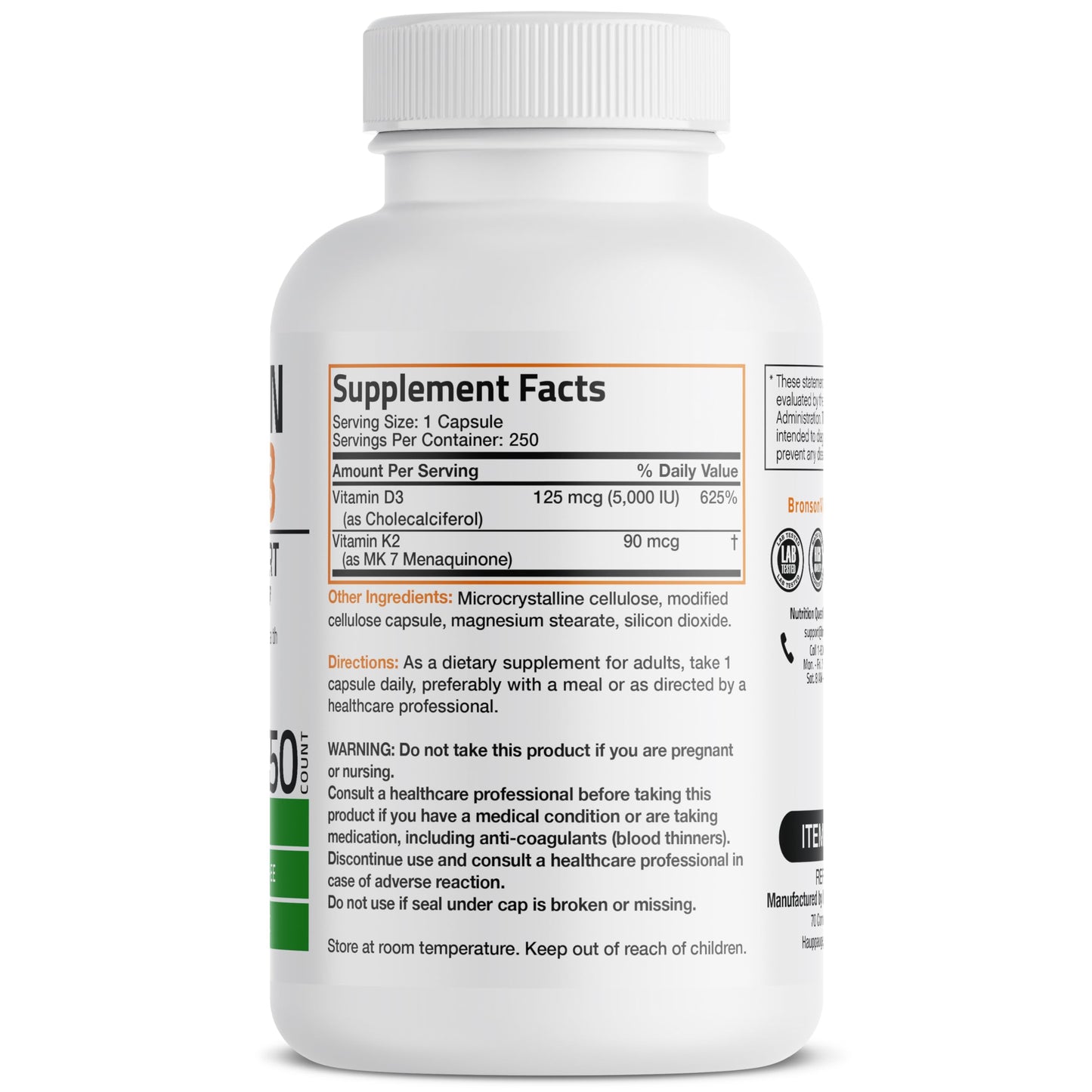Bronson Vitamin K2 (MK7) with D3 Supplement Bone and Heart Health Non-GMO