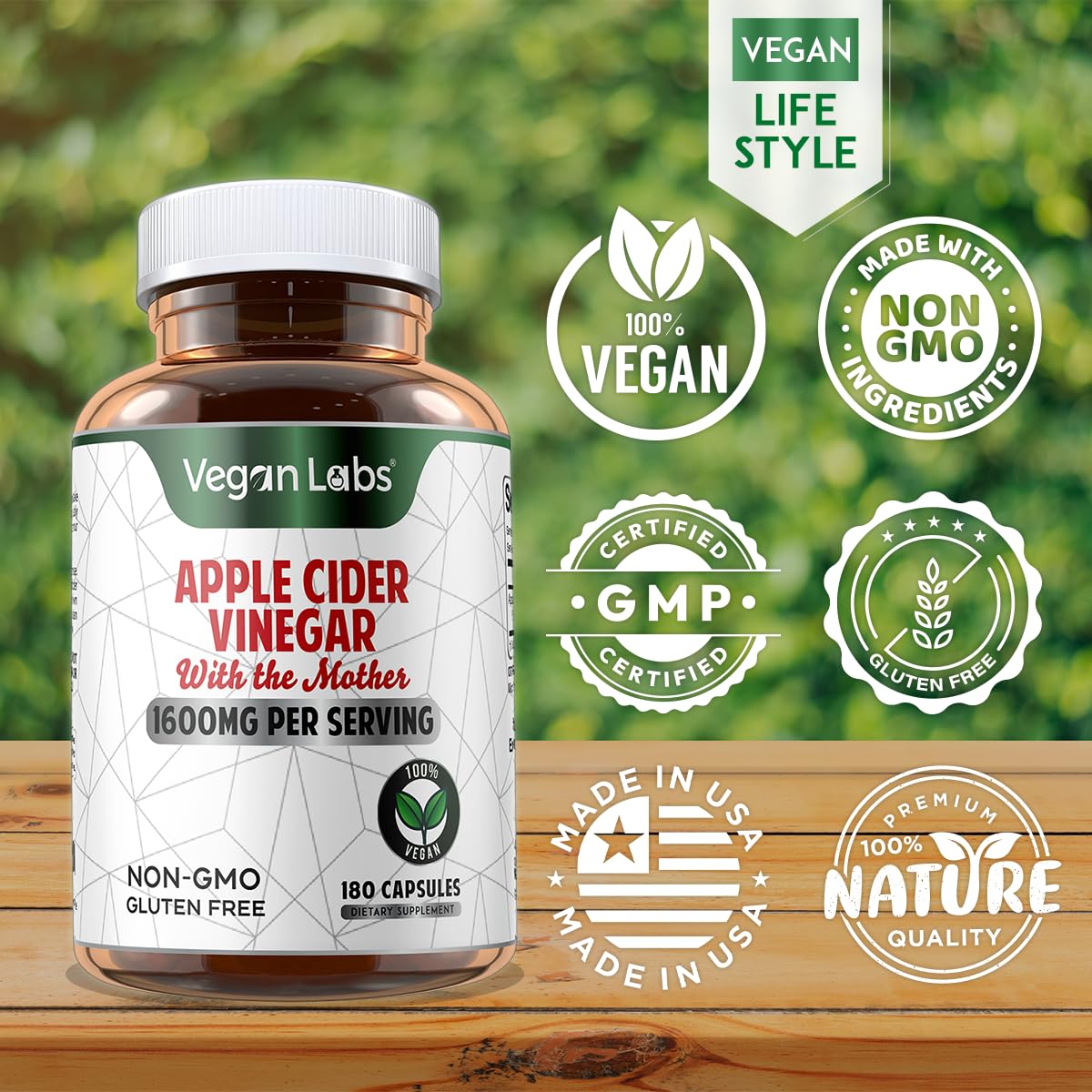 Vegan Labs Apple Cider Vinegar Capsules with The Mother- 180 Vegan Capsules