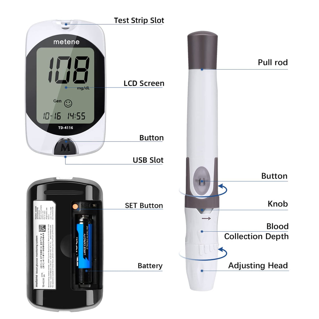 Metene TD-4116 Blood Glucose Monitor Kit, 100 Glucometer Strips Metene