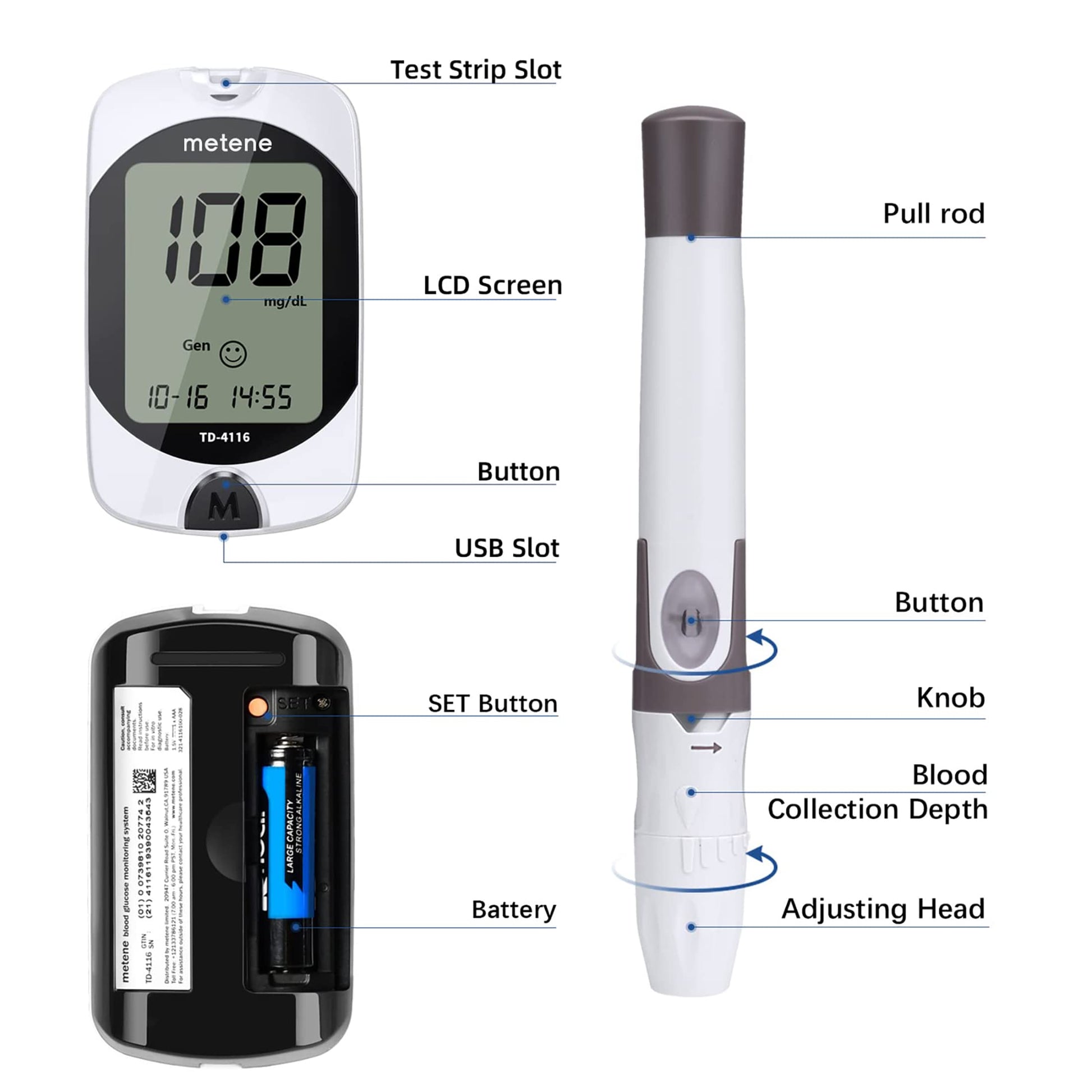 Metene TD-4116 Blood Glucose Monitor Kit, 100 Glucometer Strips Metene