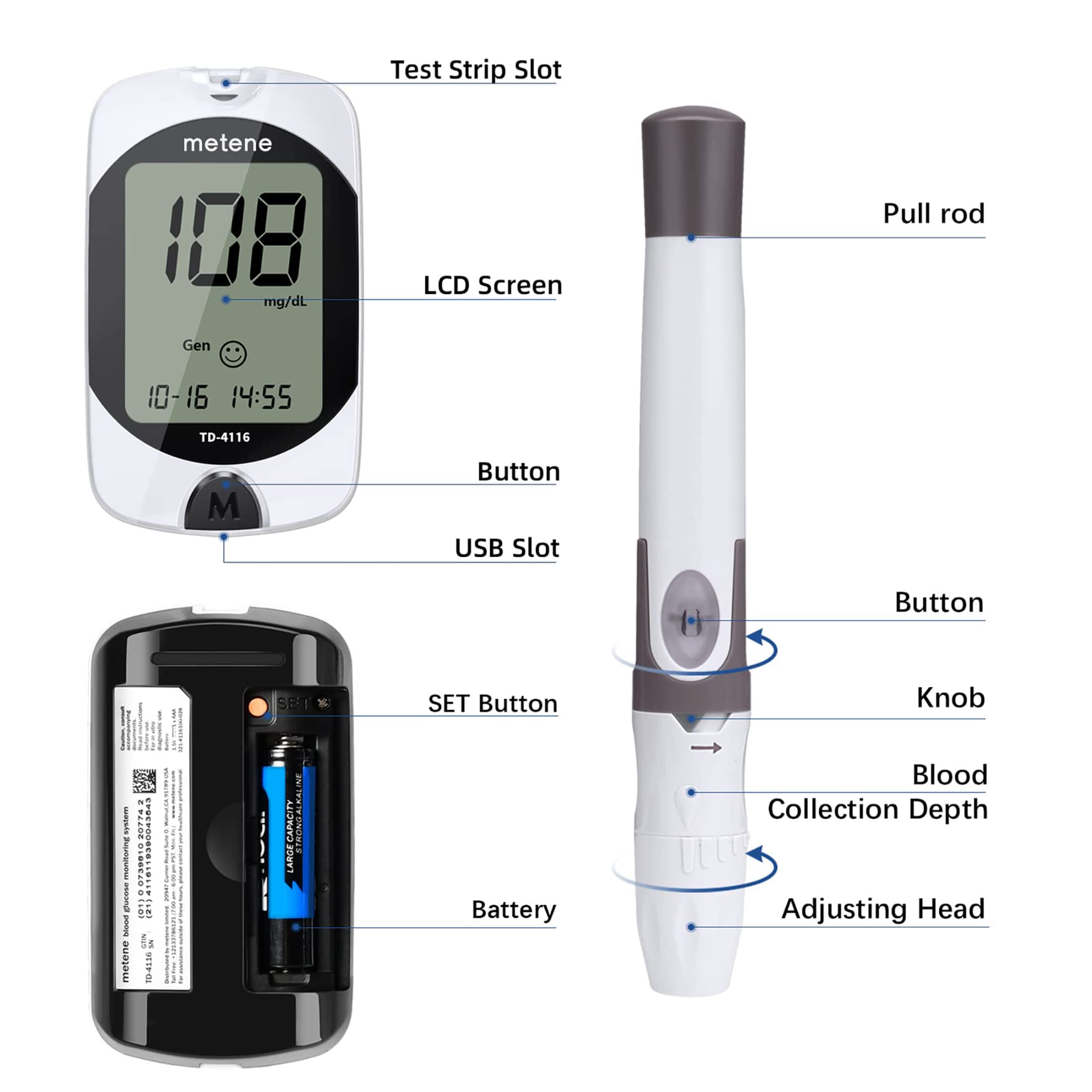 Metene TD-4116 Blood Glucose Monitor Kit, 100 Glucometer Strips Metene