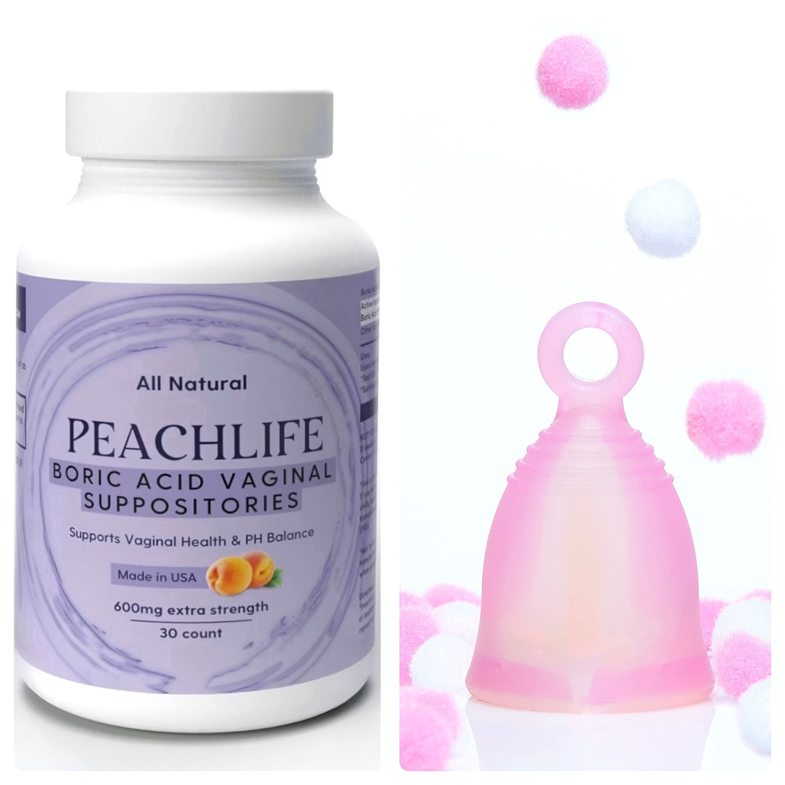Peachlife Boric Acid Suppositories and Small Soft Menstrual Cup with Ring Pull