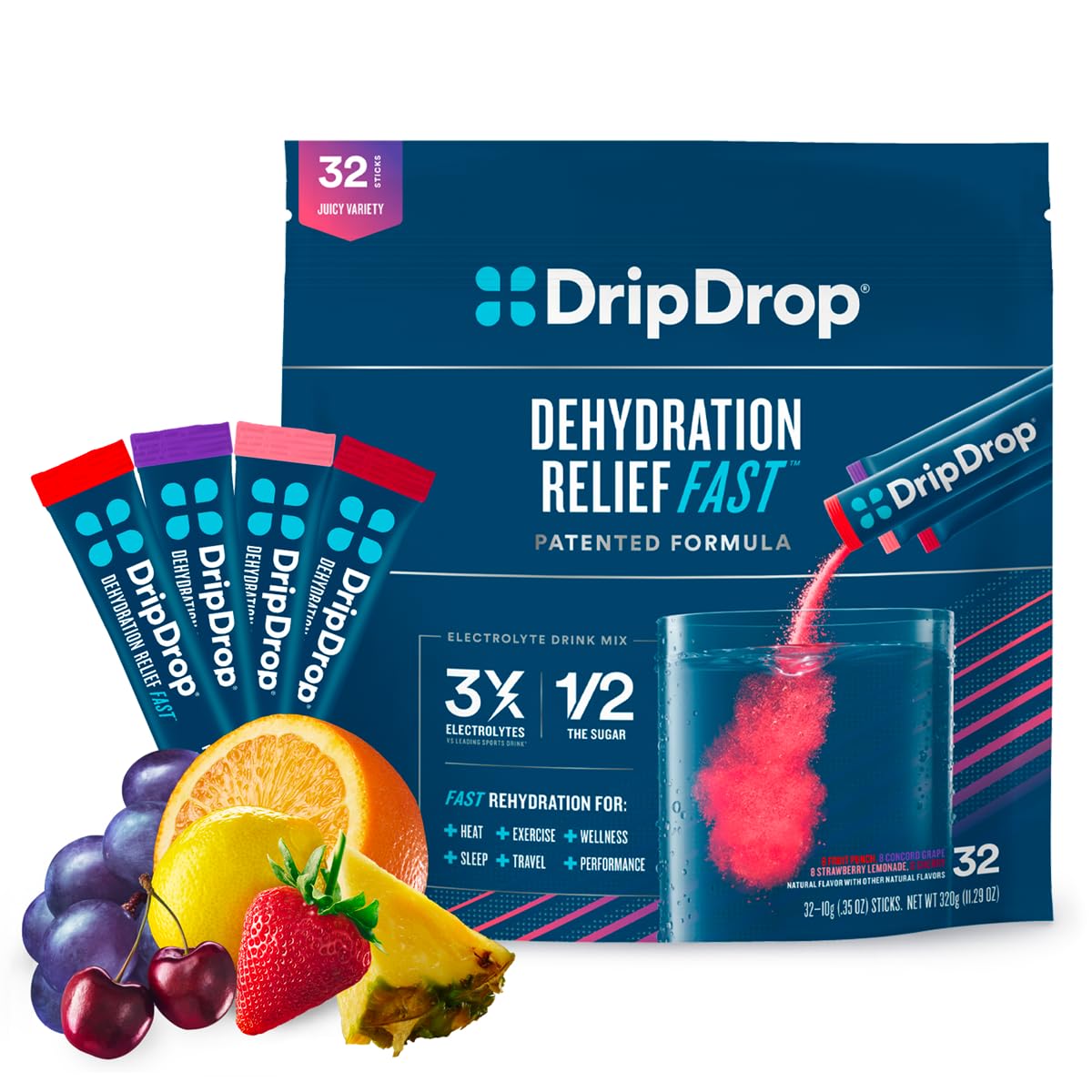 DripDrop Hydration - Electrolyte Powder Packets - Grape, Fruit Punch, Strawberry Lemonade
