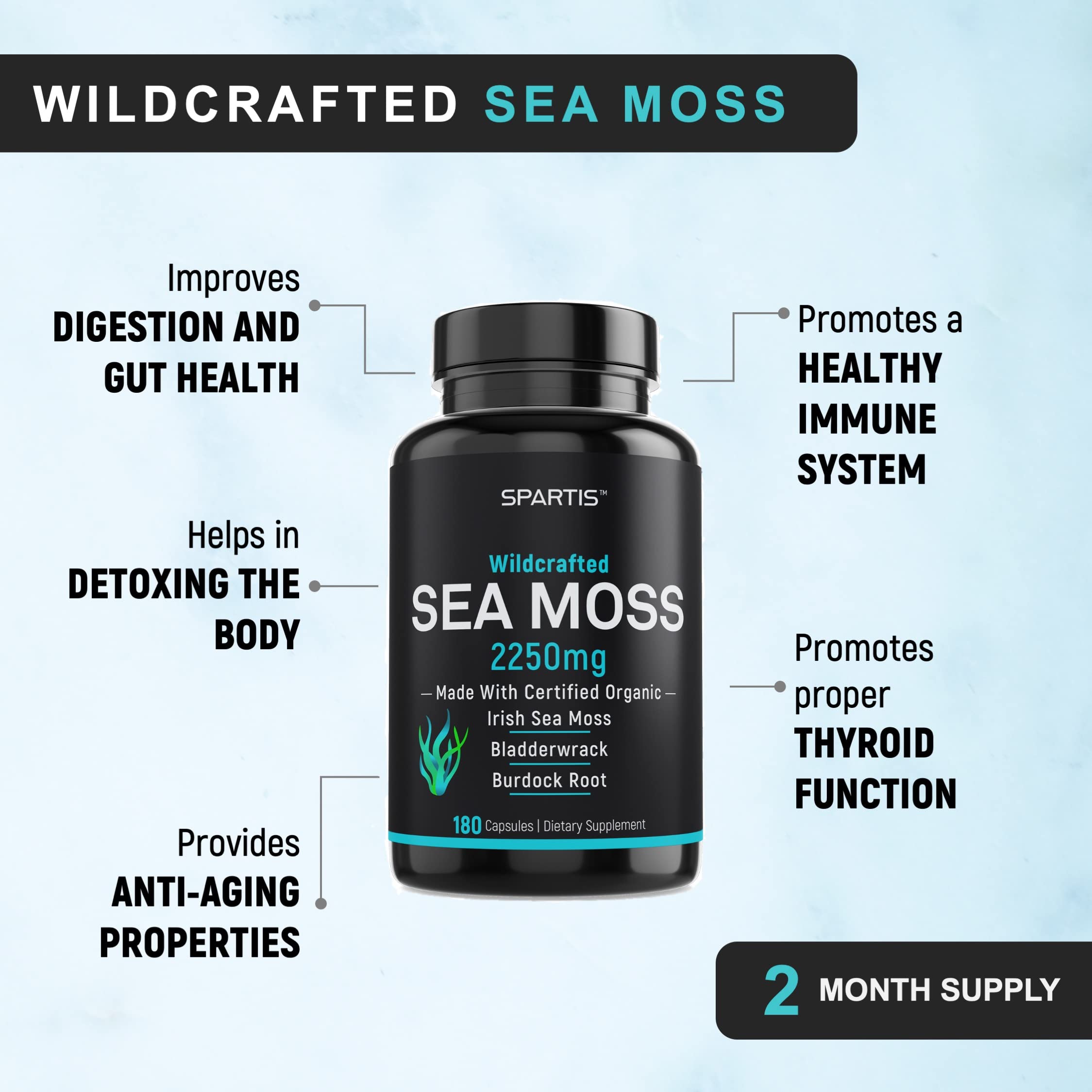 Certified Organic Sea Moss Capsules 2250mg Wildcrafted Irish Sea Moss Burdock Root SPARTIS