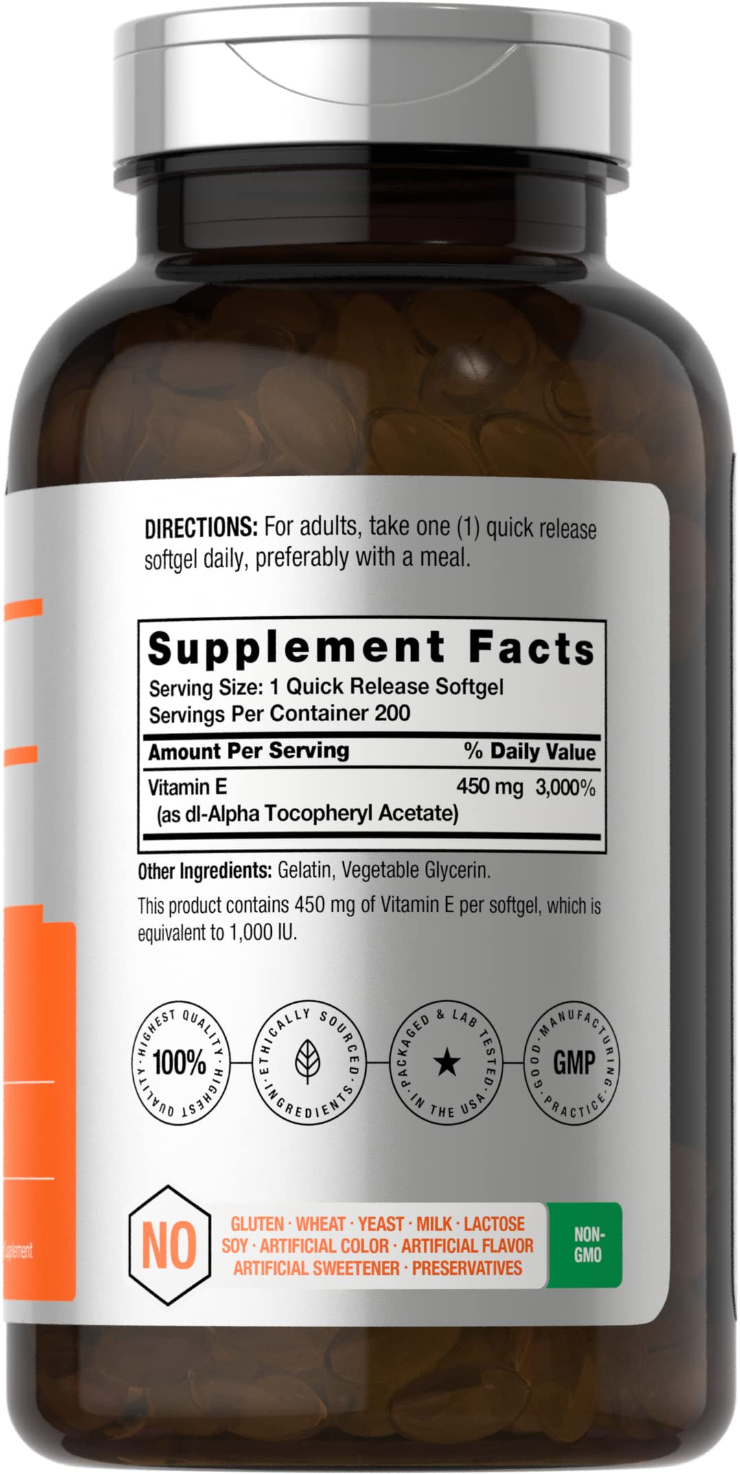Vitamin E 1000 IU Softgel Capsules | 200 Count | Non-GMO, Gluten Free, Preservative Free