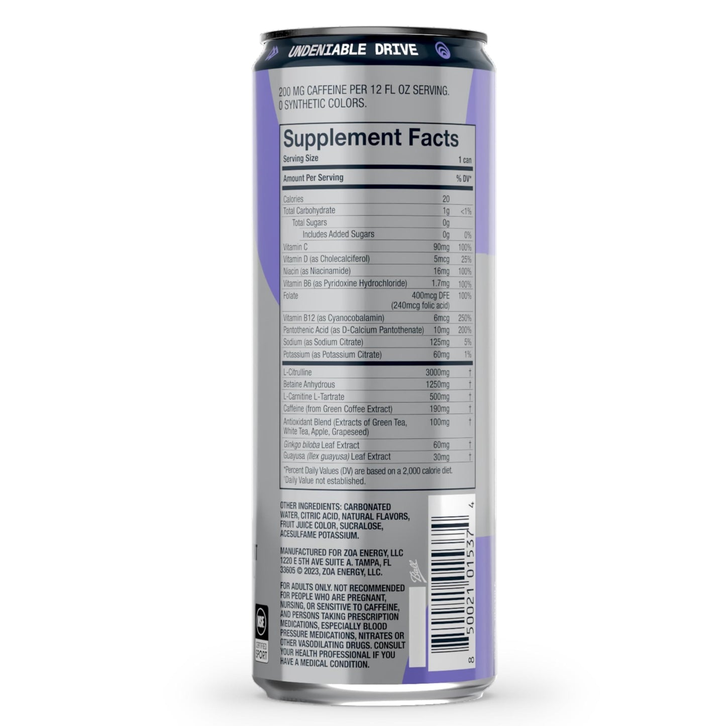 ZOA Plus Sugar-Free Pre-Workout Drink, Ready to Drink with Nitric Oxide, Vitamin B, C and D