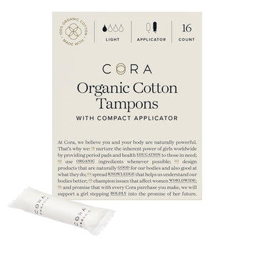 Cora Organic Applicator Tampons | Light Absorbency | 100% Cotton Core, Unscented, BPA-Free Compact