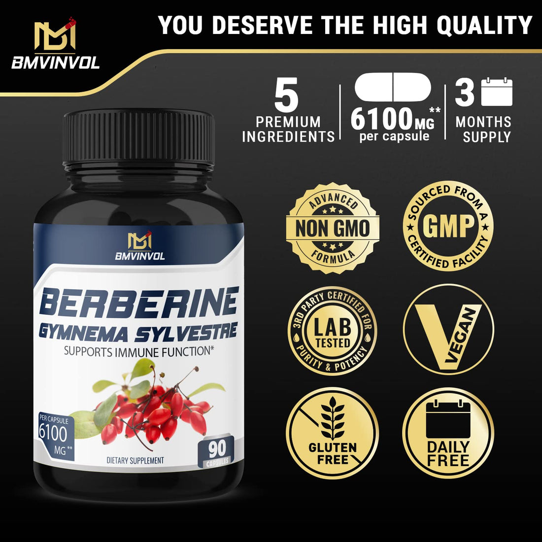 BMVINVOL 5-in-1 Berberine Supplement 6100mg with Ceylon Cinnamon, Gymnema 