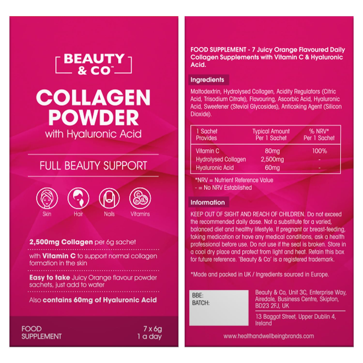 Collagen 2500mg Powder Supplement Boosted with Vitamin C and Hyaluronic Acid (Bovine) Beauty & Co