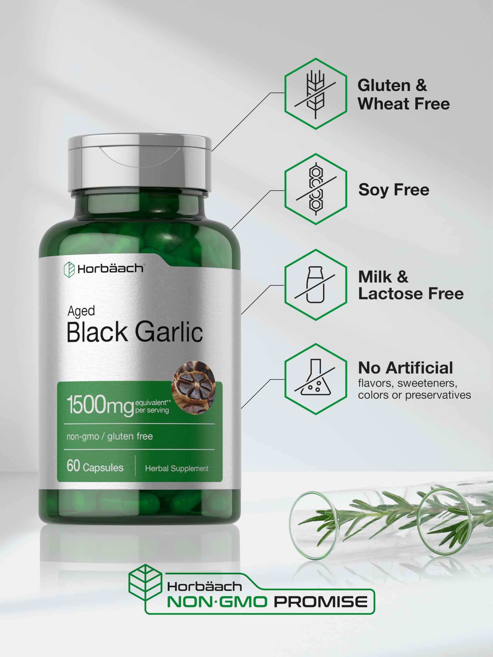 Aged Black Garlic Capsules 1500mg | 60 Count | Fermented Extract Supplement Horbäach