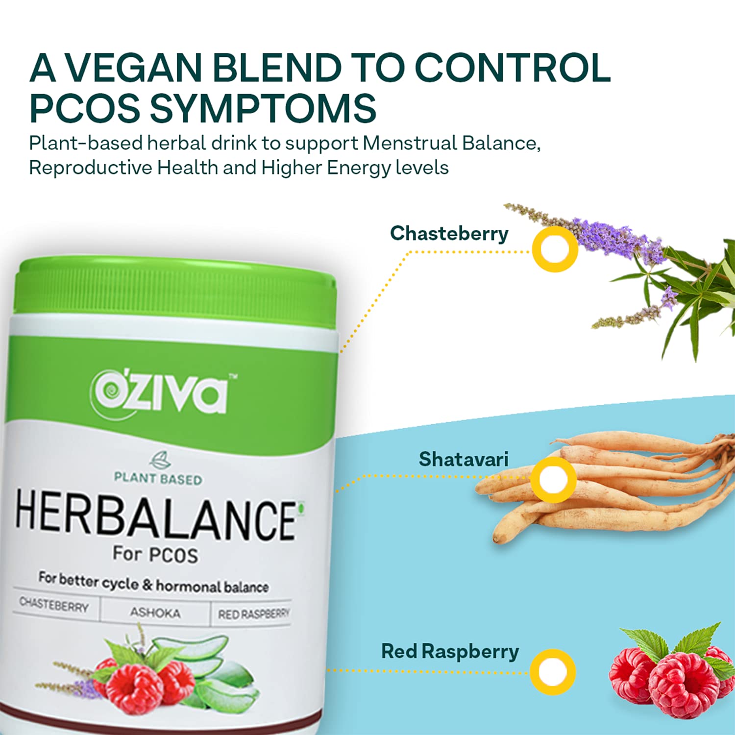 OZiva Plant Based HerBalance for PCOS (with Chasteberry, Shatavari, Red Raspberry, Ashoka) for better cycle OZIVA
