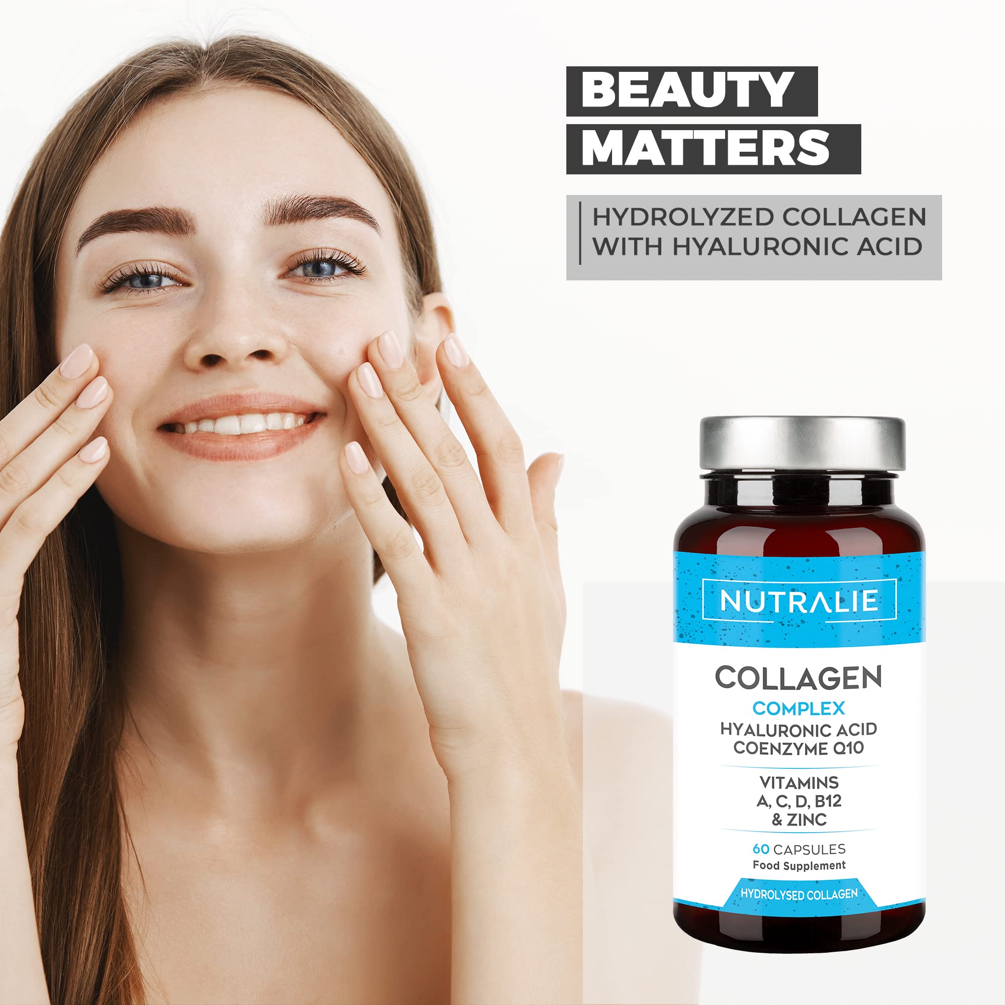 Collagen + Hyaluronic Acid + Q10 Hydrolysed Collagen Women Men + Vitamins A C D B12 Zinc NUTRALIE