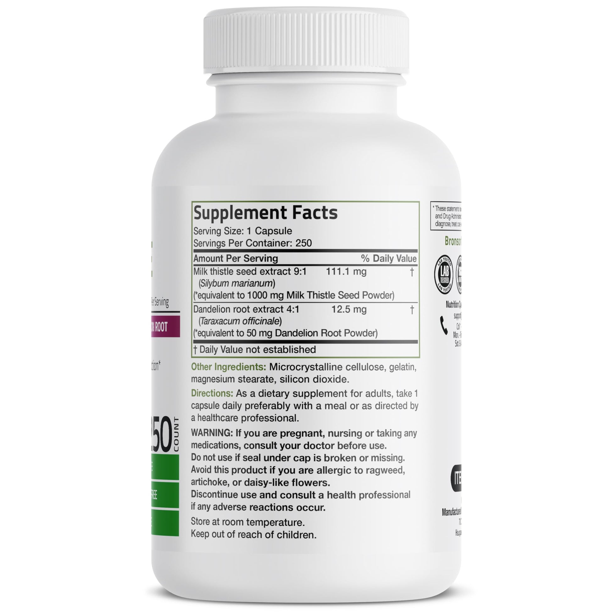 Bronson Milk Thistle Silymarin Marianum & Dandelion Root Liver Health Support Bronson