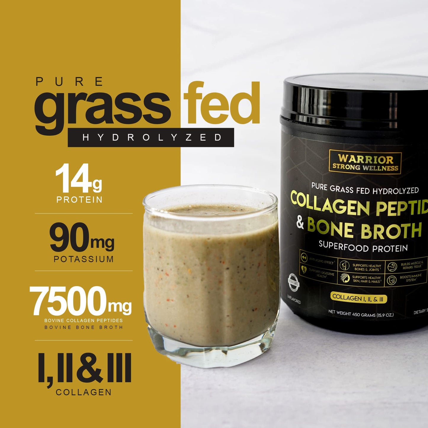 Warrior Strong Wellness Premium Collagen Peptides Bone Broth: Grass Fed Hydrolyzed