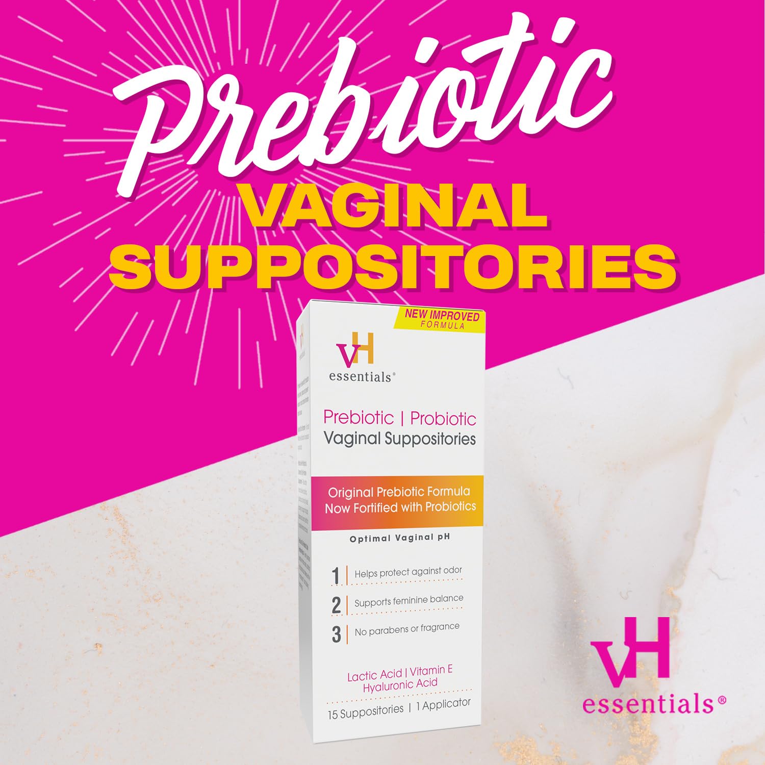 vH essentials Prebiotic PH Balanced Vaginal SuppositoriesBox, Original Version, 15 Count vH essentials