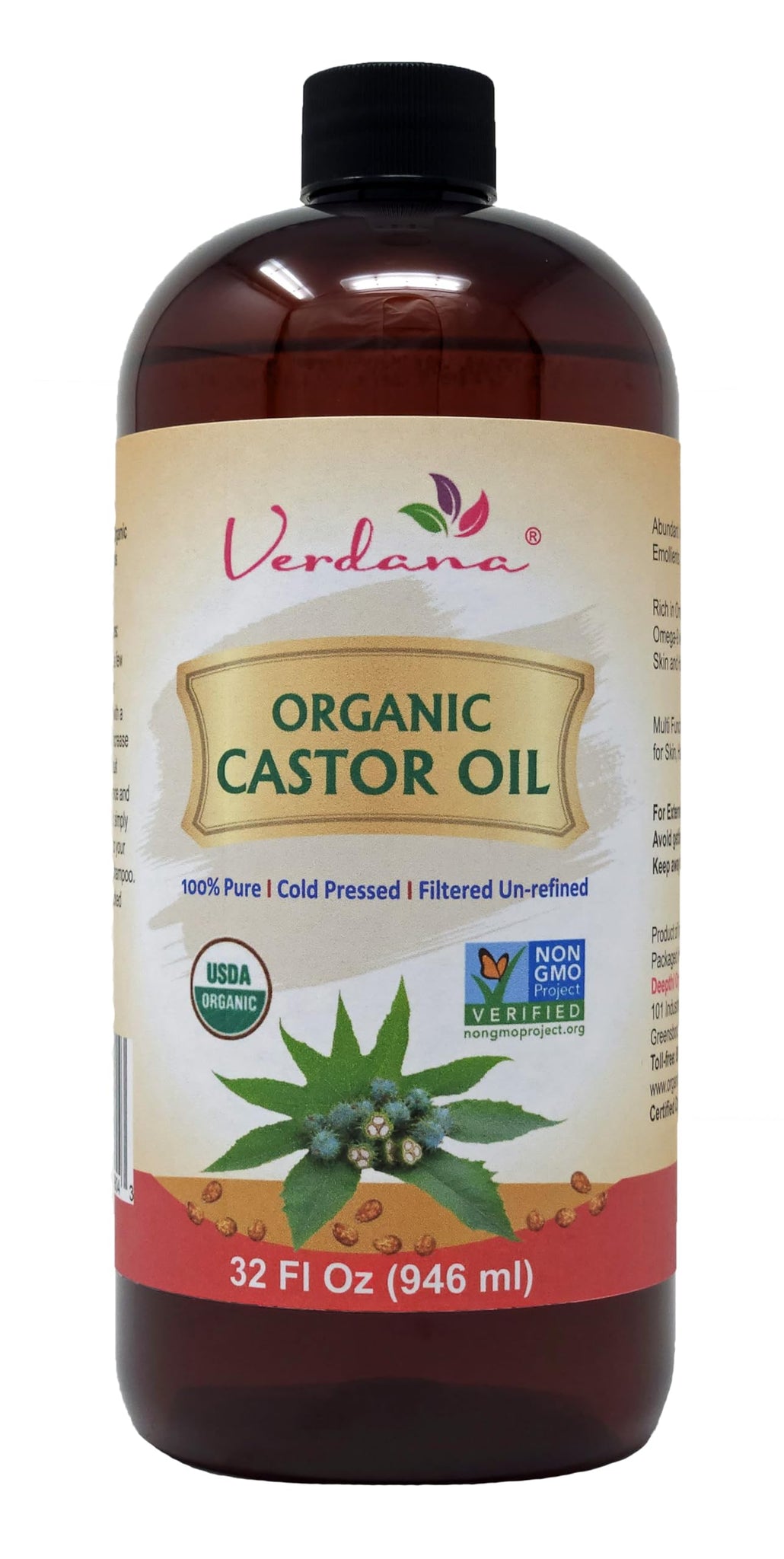 Verdana Organic Castor Oil – USDA Certified Organic – Cold Pressed, Unrefined, 100% Pure and Hexane