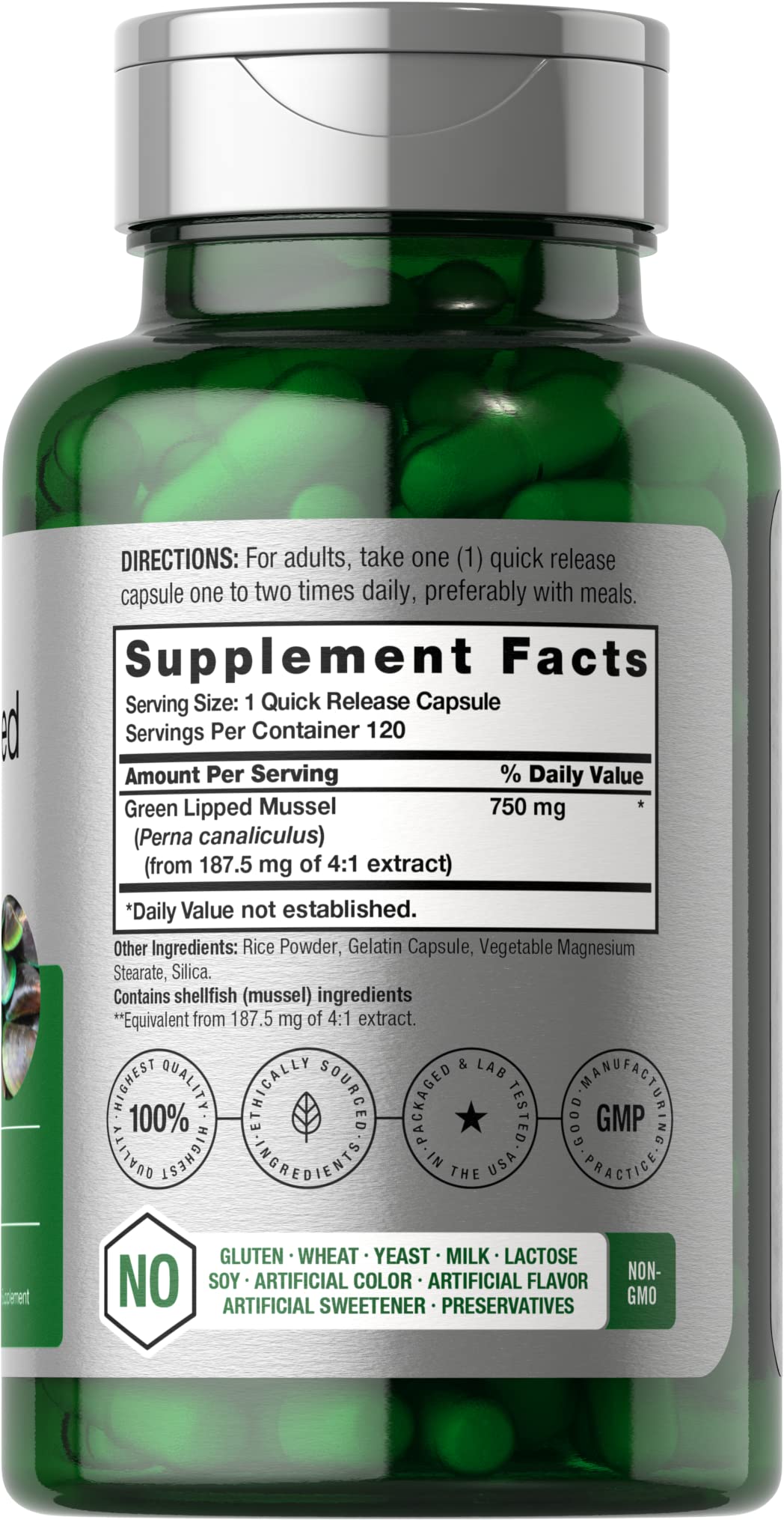 Green Lipped Mussel | 750 mg | 120 Capsules | from New Zealand | Premium Freeze Dried