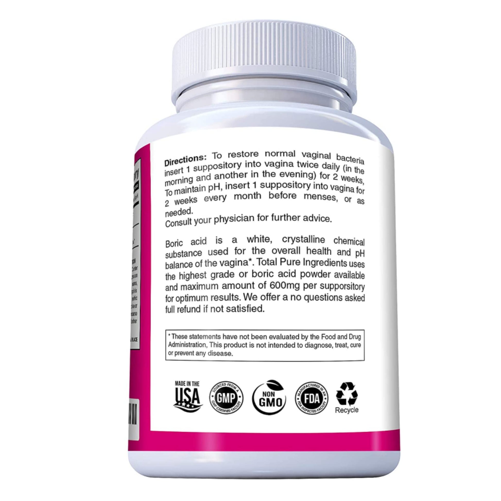 PURE PLANT HOME Boric Acid Suppositories Nature's Harmony 30 Count 600 mg 100% Pure Made in USA N'more