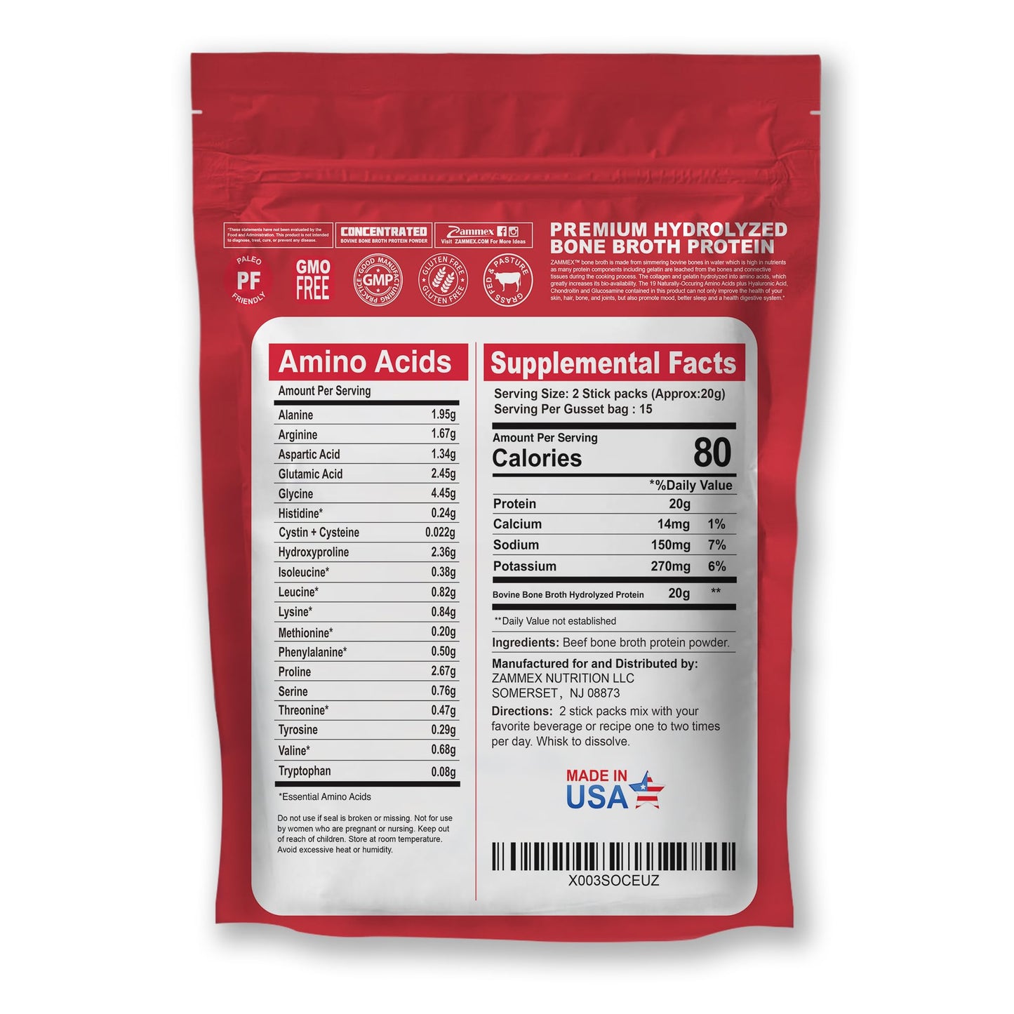 Zammex Bone Broth Packets-20g Collagen Protein-Beef Bone Broth Powder to Go-30 Travel