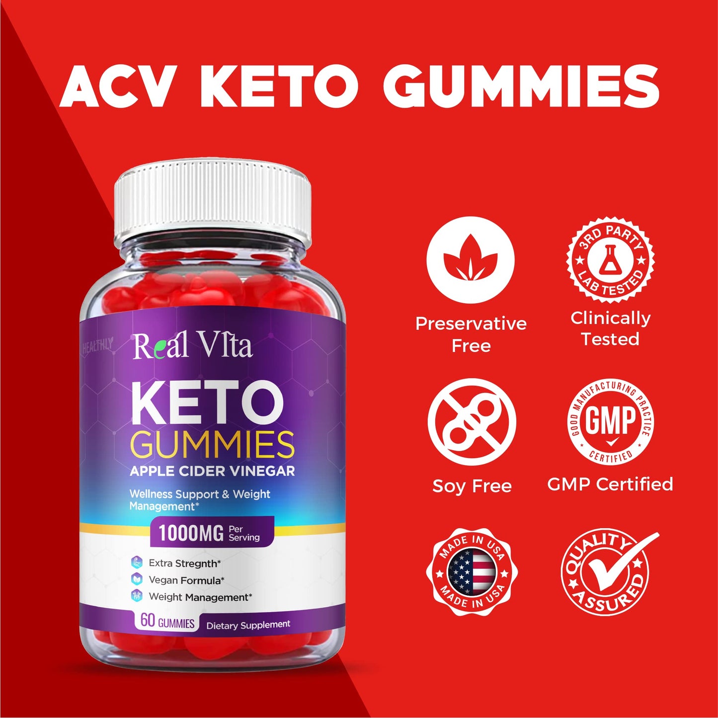 (3 Pack) Real Vita Keto Gummies - Official Formula, Vegan - Real Vita Acv Keto Gummies