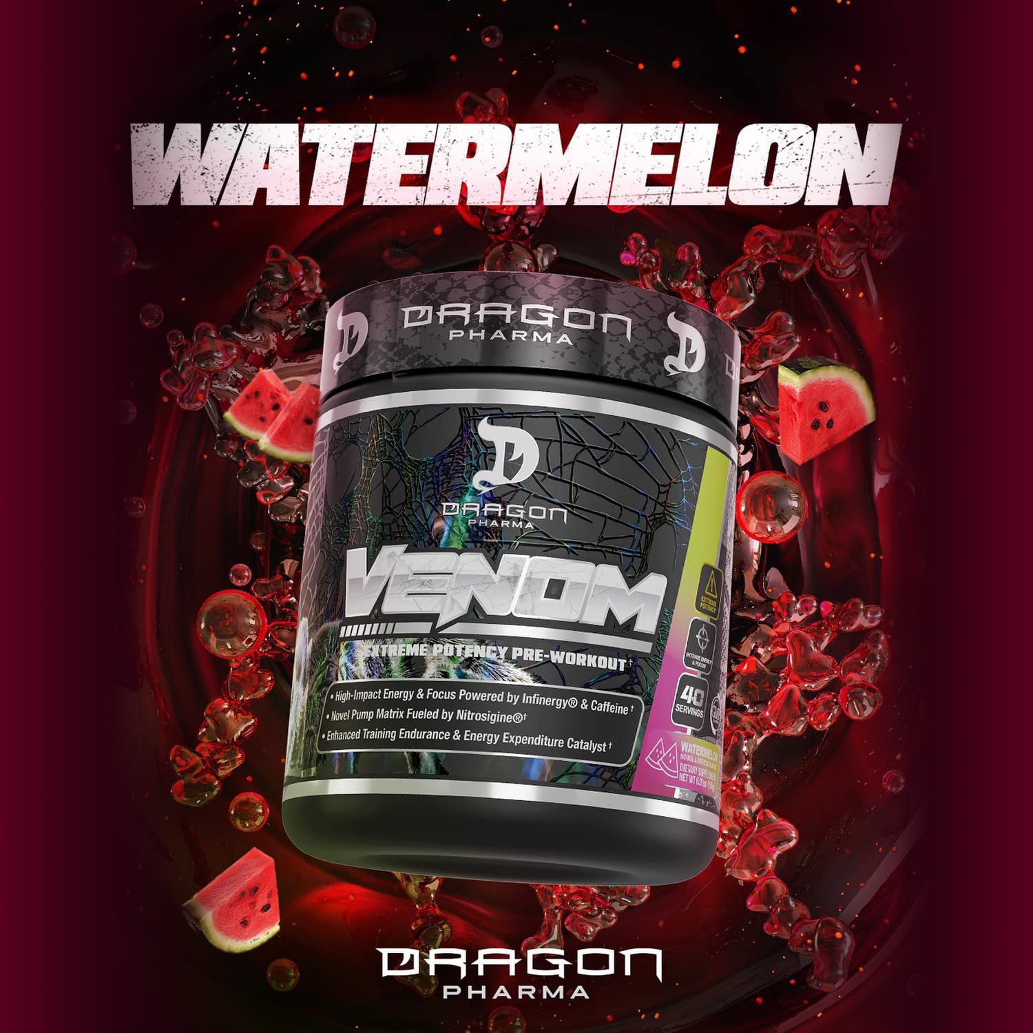 DRAGON PHARMA Venom Extreme Potency Pre-Workout, Laser Sharp Focus + Energy, Intense Performance, Proven Ingredients for Enhanced Vasodilation & Endurance (40 Servings, Watermelon)