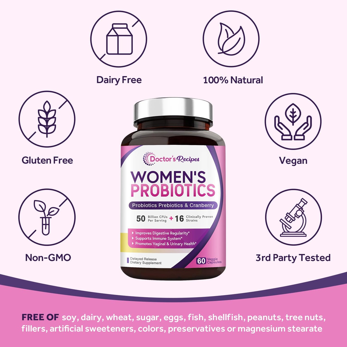 Doctor's Recipes Women’s Probiotic, 60 Caps 50 Billion CFU 16 Strains, with Organic