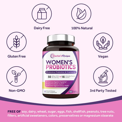 Doctor's Recipes Women’s Probiotic, 60 Caps 50 Billion CFU 16 Strains, with Organic
