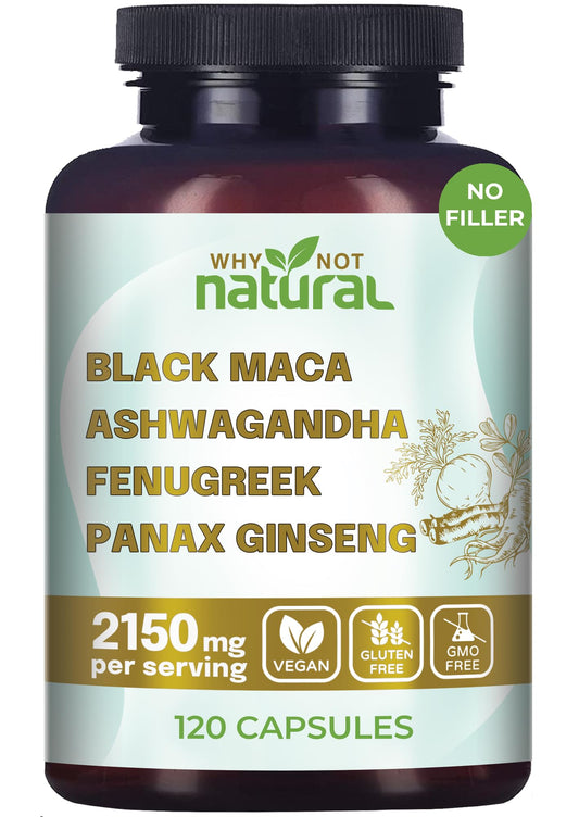 Why Not Natural 4-in-1 Organic Black Maca Root, Ashwagandha, Fenugreek, Panax Ginseng Capsules, Supplement for Men and Women (120 Count (Pack of 1)