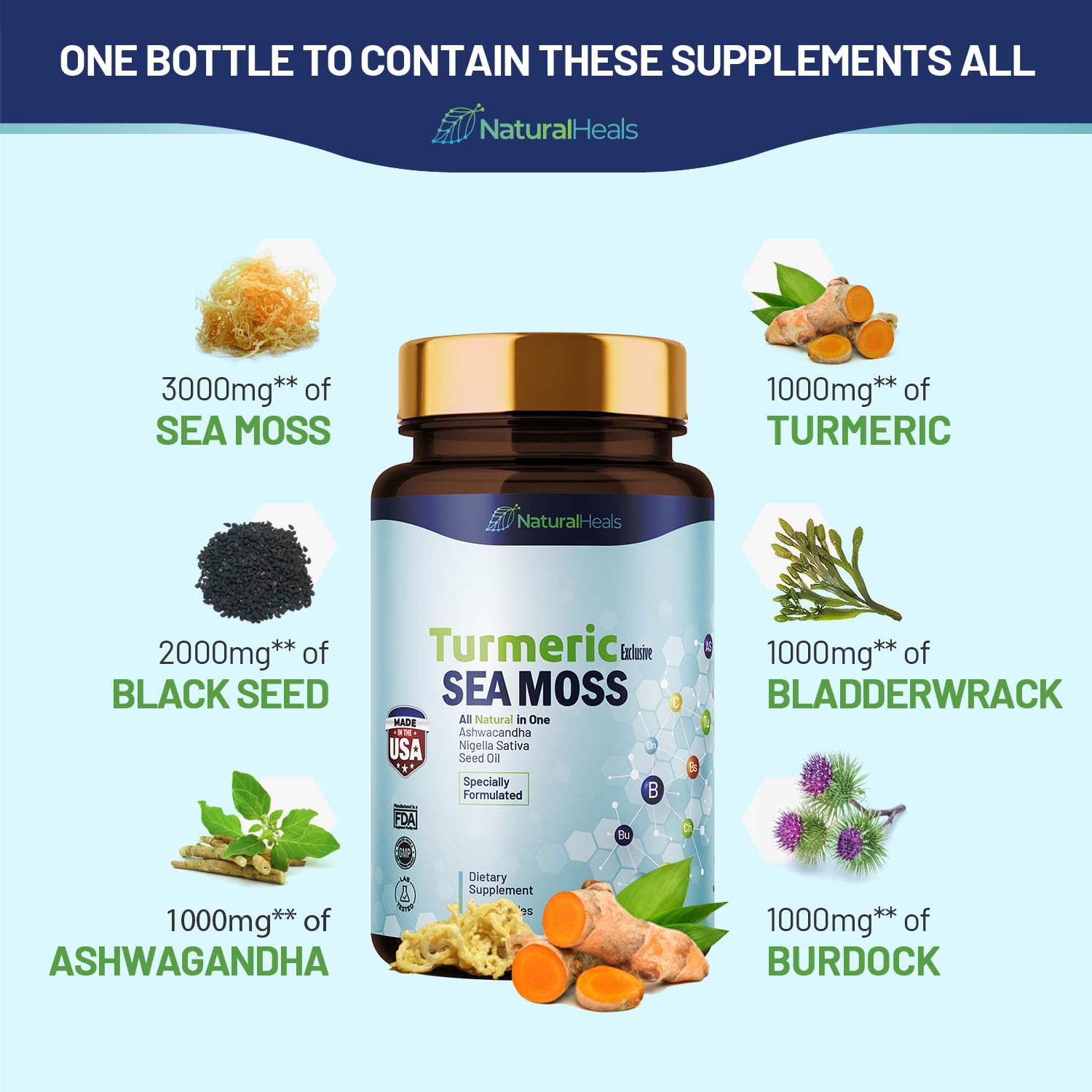 Natural Heals Sea Moss 3000mg: Black Seed Oil 2000mg Ashwagandha 1000mg Turmeric Natural Heals