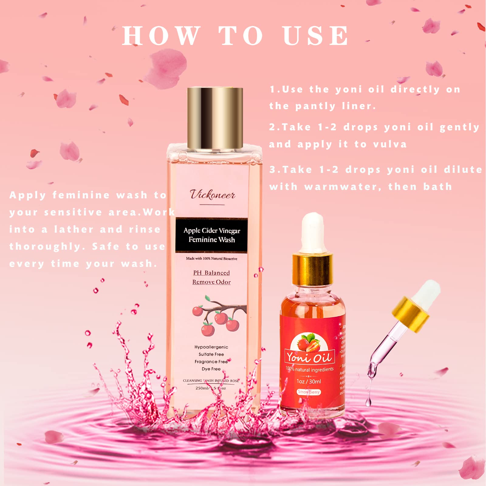 Vickoneer Yoni Wash for Women & Yoni Essential Oil, Intimate Feminine Wash Yoni Care Vickoneer