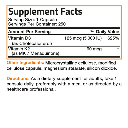 Bronson Vitamin K2 (MK7) with D3 Supplement Bone and Heart Health Non-GMO