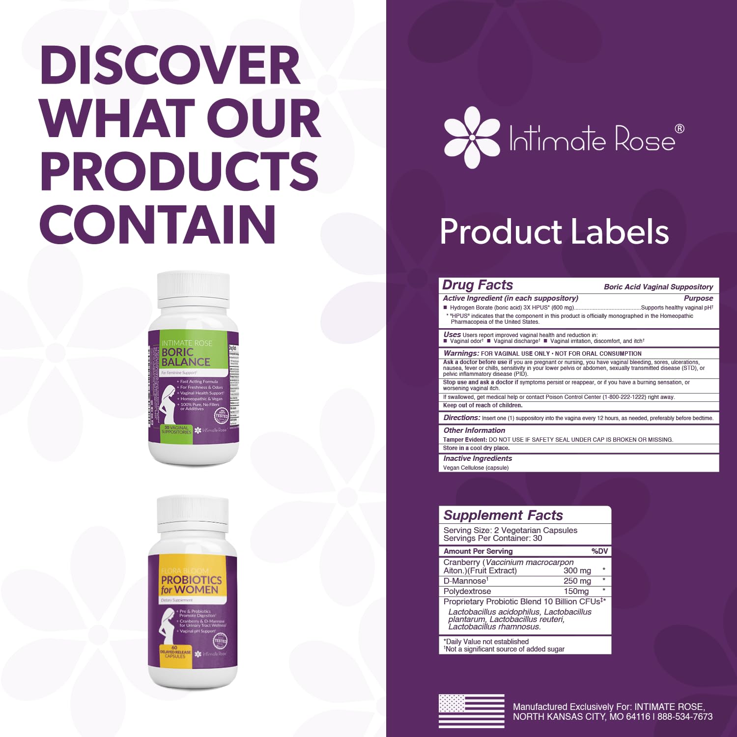 Intimate Rose Combo Pack! Flora Bloom Probiotics for Women (One Bottle) and Boric Balance Boric Acid Intimate Rose