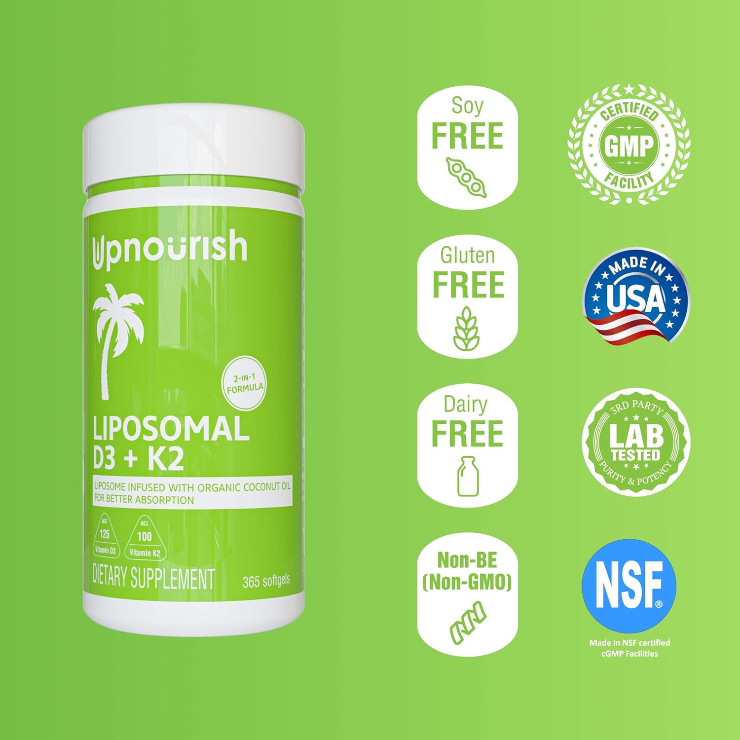 UpNourish Liposomal D3 & K2 MK-7, Advanced Absorption for Optimal Bone and Immun