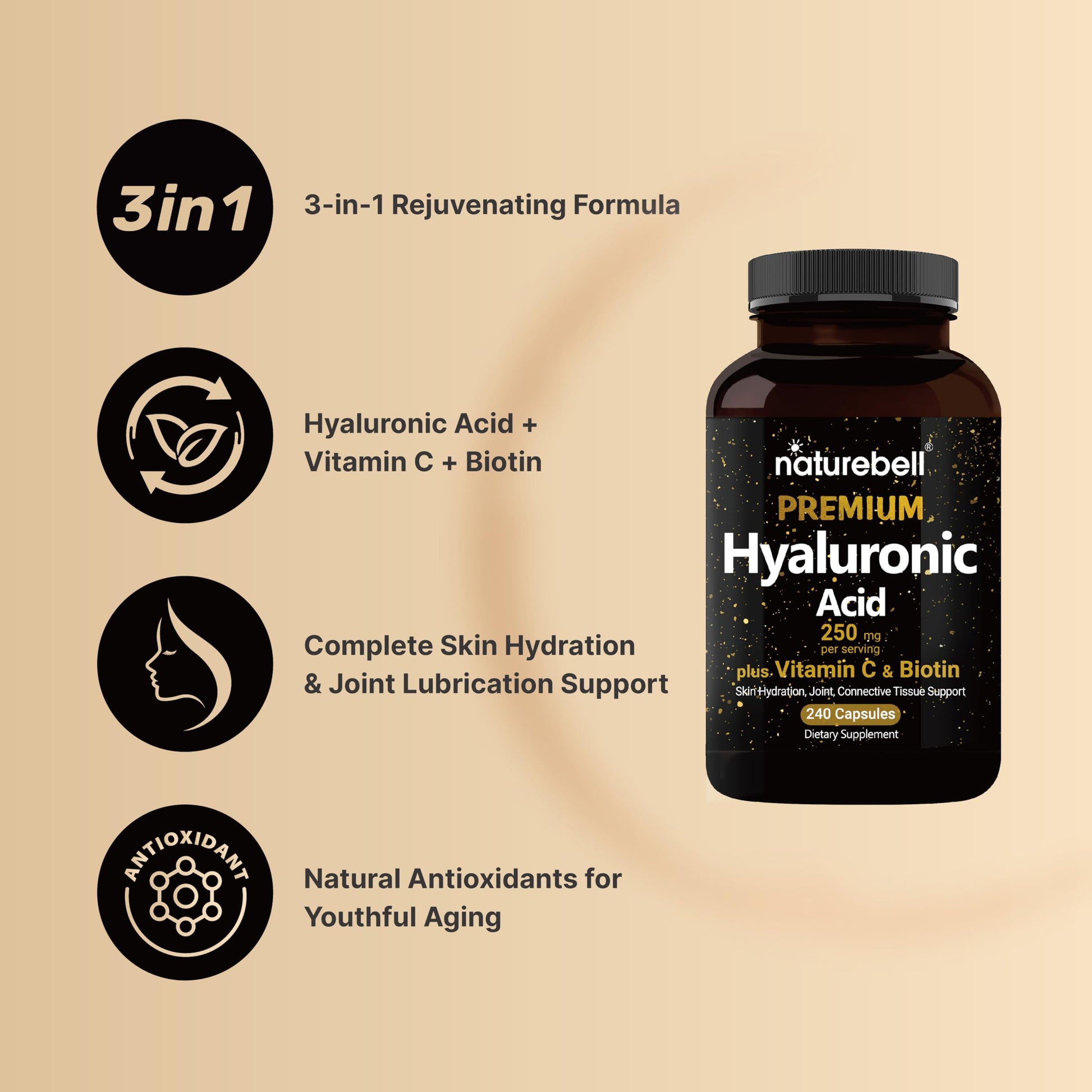 NatureBell Hyaluronic Acid Supplements 250mg | 240 Capsules, with Biotin 5000mcg NatureBell