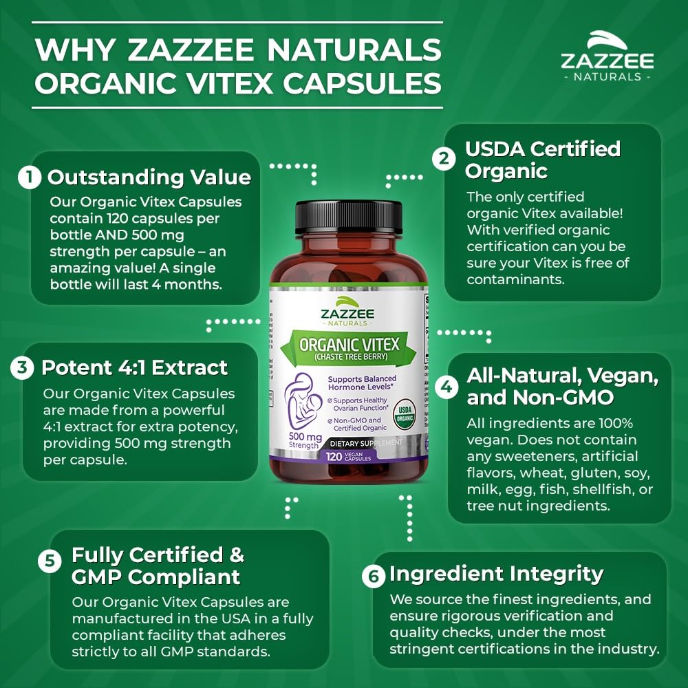 Zazzee USDA Organic Vitex, 500 mg Strength, 120 Vegan Capsules, 4 Month Supply Zazzee