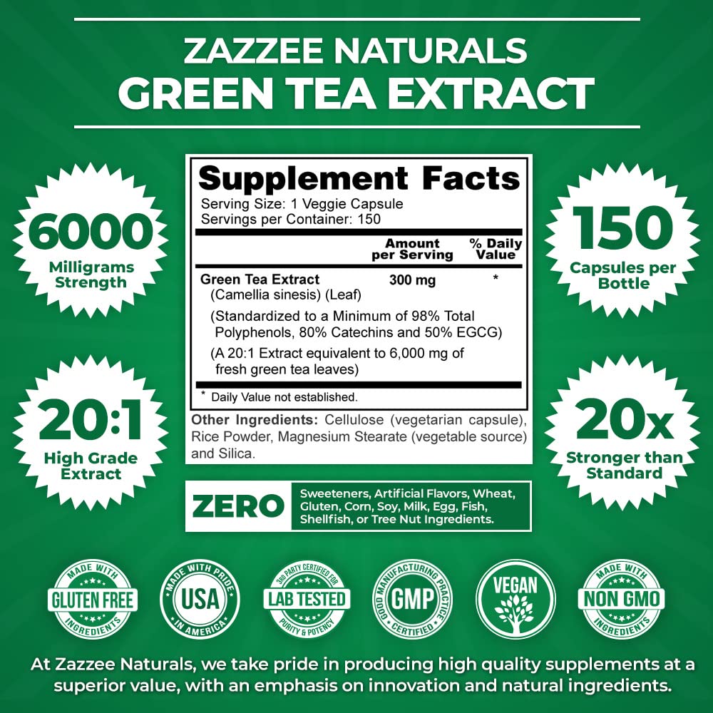 Zazzee Extra Strength Green Tea 20:1 Extract, 6000 mg Strength, 50% EGCG