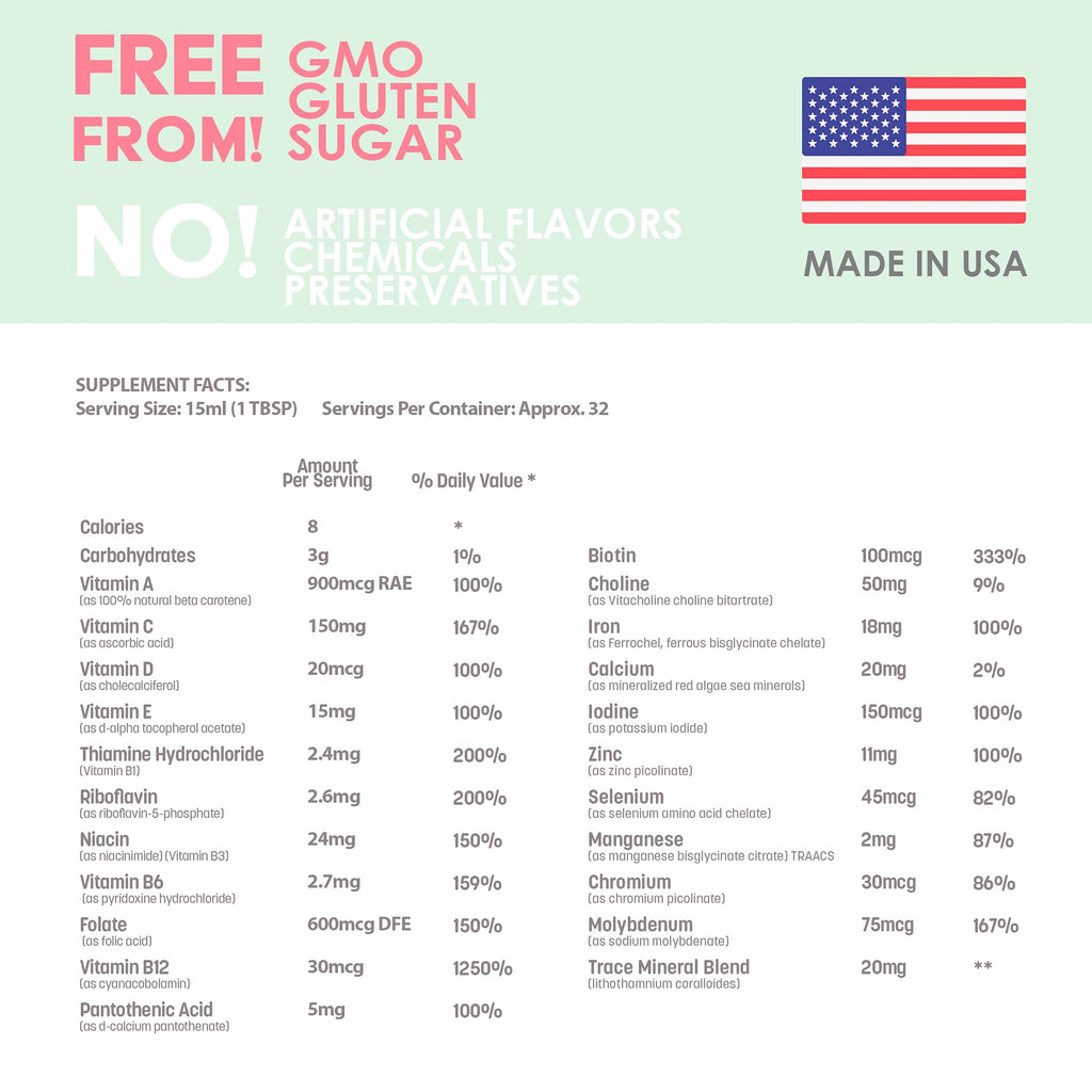 Liquid Prenatal Vitamins for Women - Iron, Natural Folic Acid, Folate, Vitamin D, E, B6