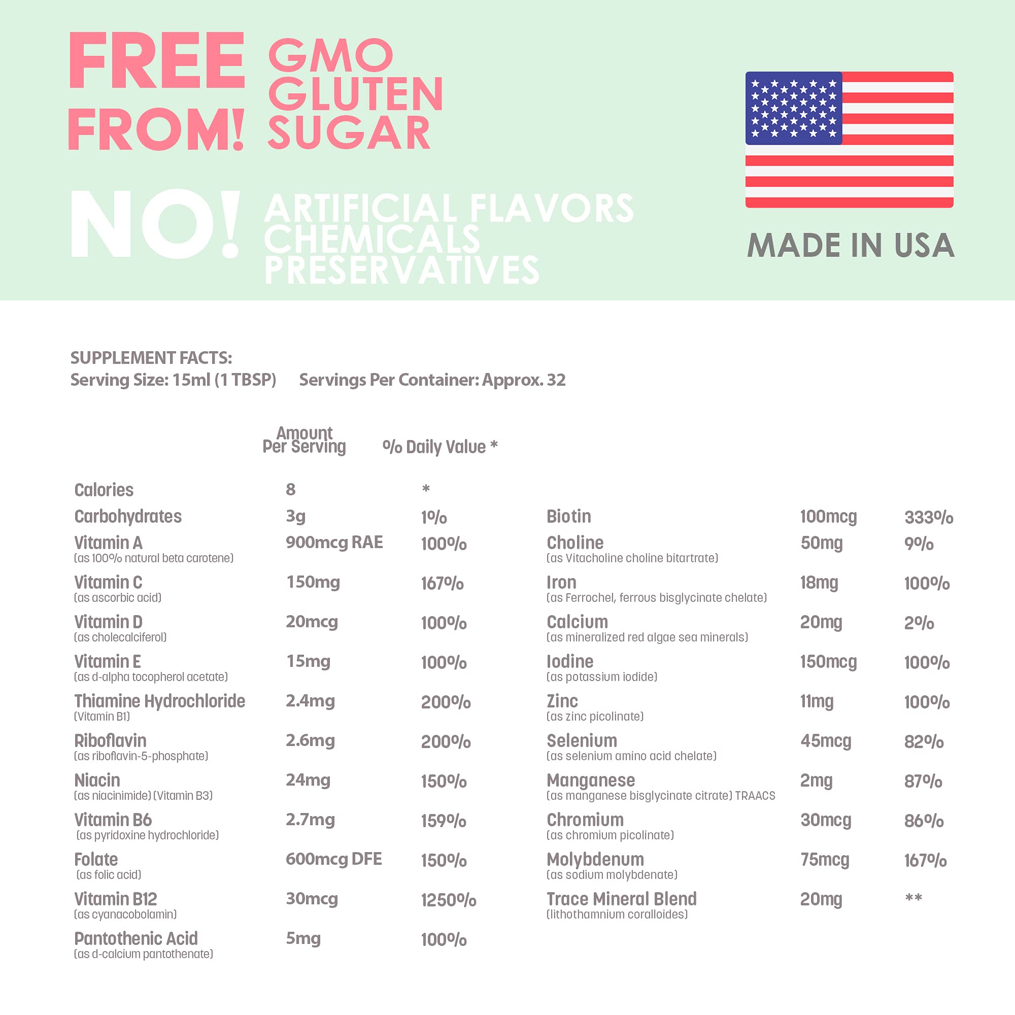 Liquid Prenatal Vitamins for Women - Iron, Natural Folic Acid, Folate, Vitamin D, E, B6 GreenPeach