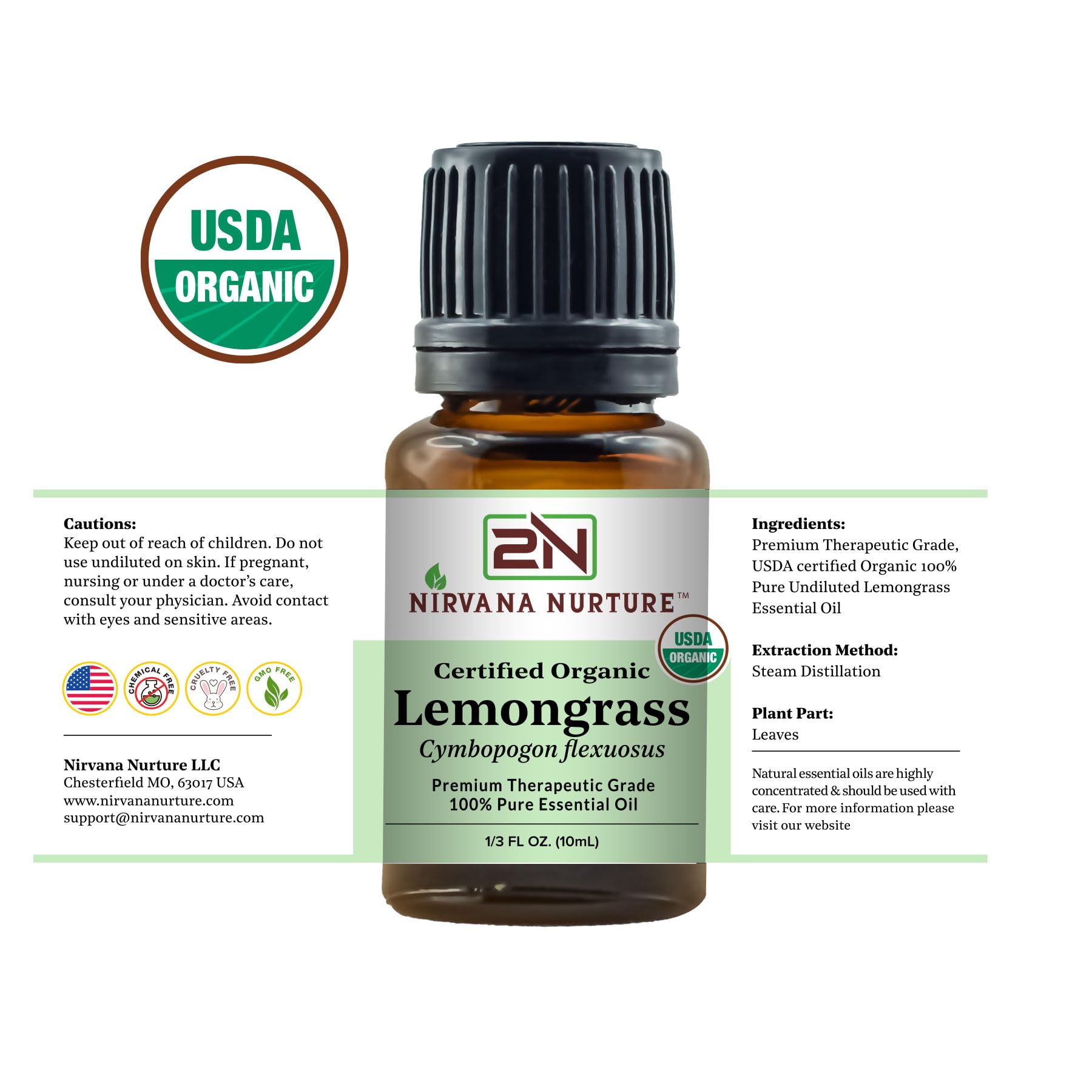 Nirvana Nurture Lemongrass Essential Oil USDA Certified Organic 100% Pure Premium Therapeutic Grade Nirvana Nurture
