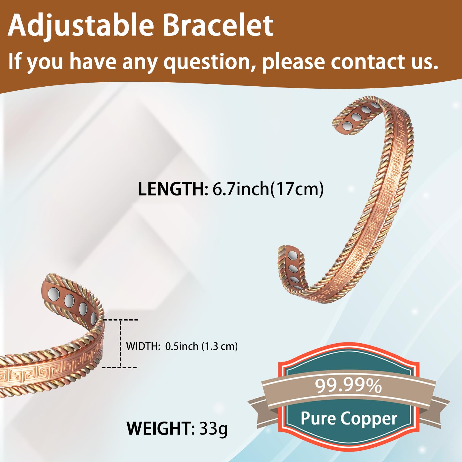 EnerCoppeX Copper Magnetic Bracelet for Women, 99.99% Pure Copper Cuff with 3500 Gauss Magnets (A) EnerCoppeX
