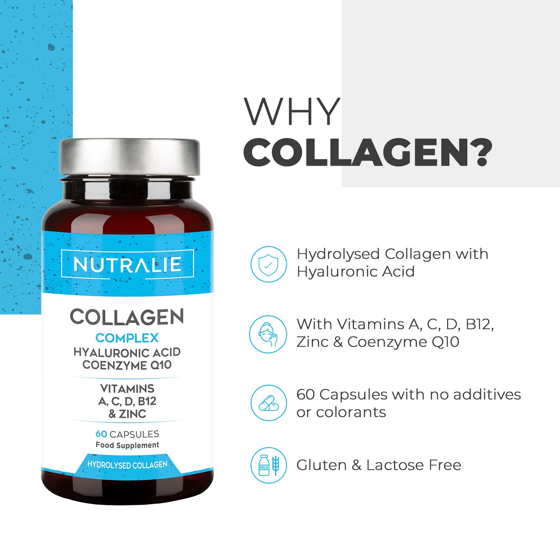 Collagen + Hyaluronic Acid + Q10 Hydrolysed Collagen Women Men + Vitamins A C D B12 Zinc NUTRALIE