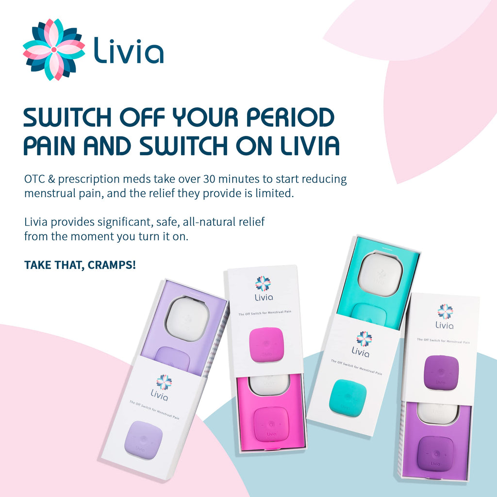 Livia Menstrual Pain Relief Device, Lavender - The Off Switch for Period Pain - Portable Unit with Stick-on Pads