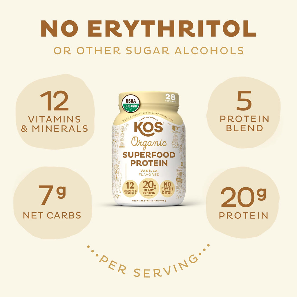 KOS Vegan Protein Powder Erythritol Free, Vanilla USDA Organic - Pea Protein Blend