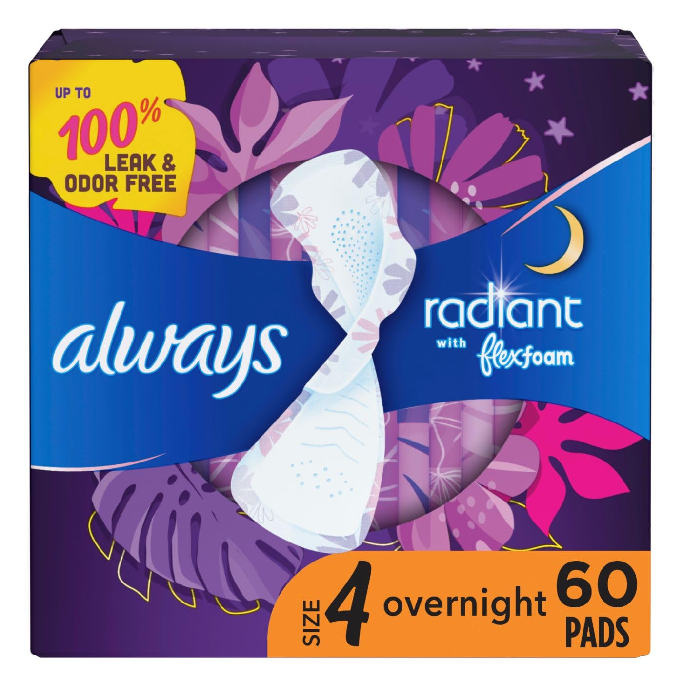Always Radiant Feminine Pads for Women, Size 4 Overnight Pads Always