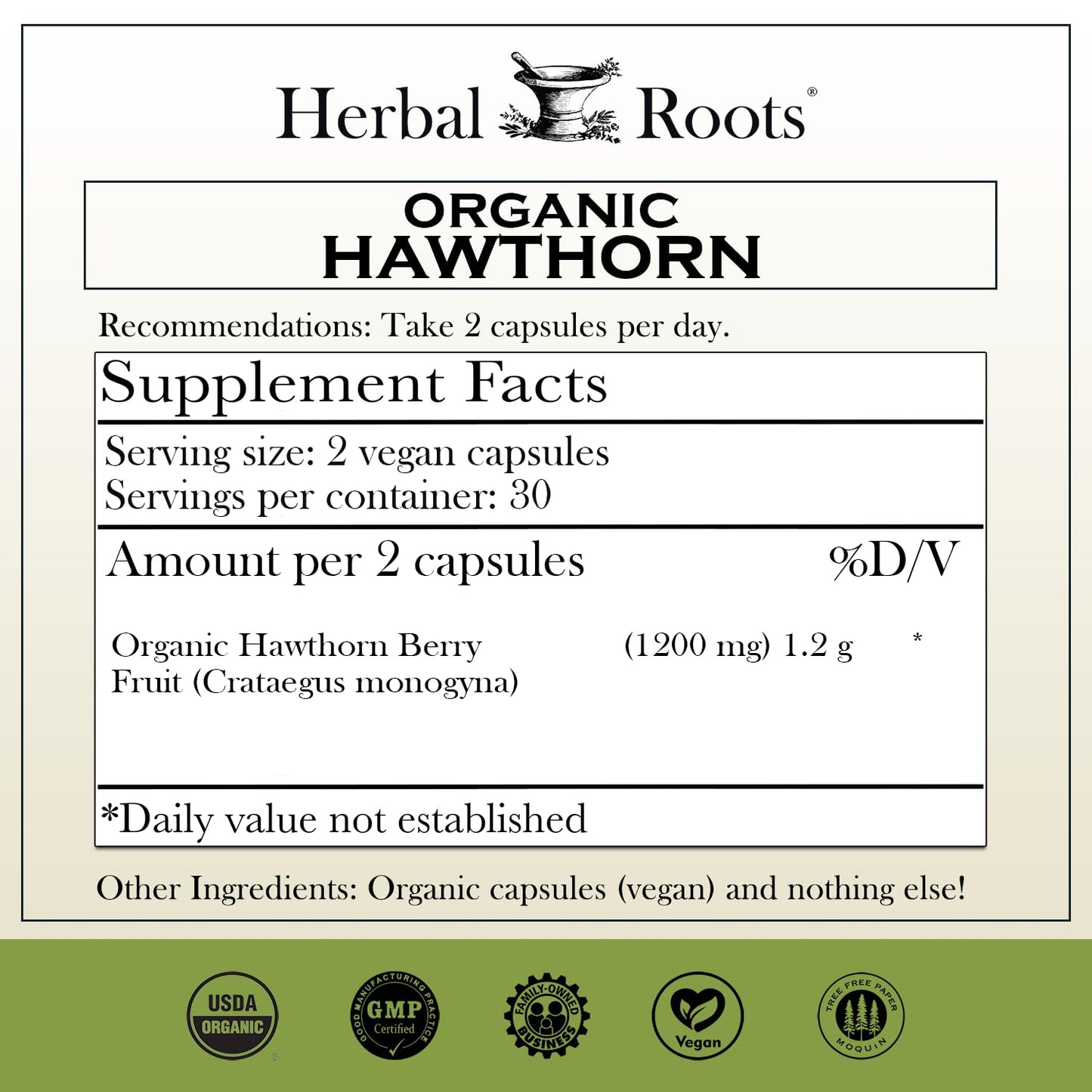 Herbal Roots Organic Hawthorn Berry Capsules | Extra Strength 1,200mg per Serving