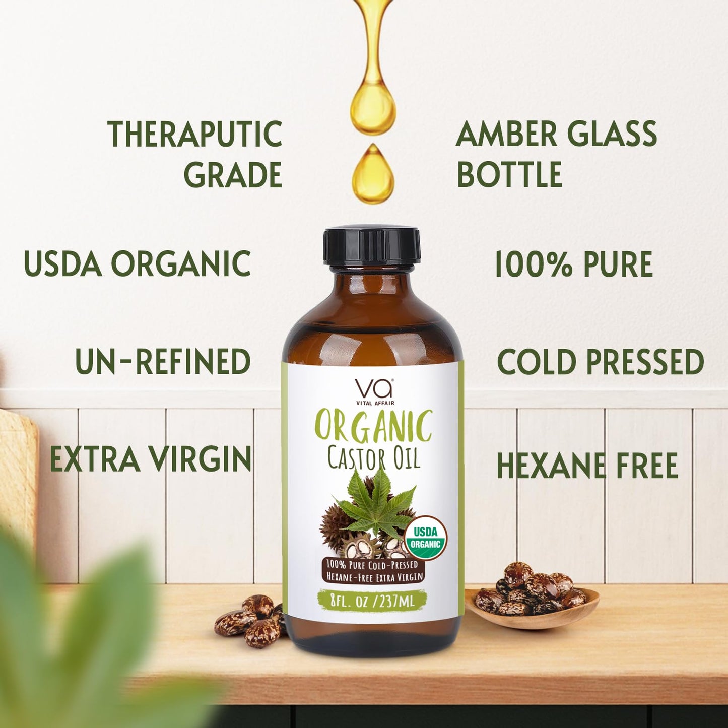 VITAL AFFAIR Castor Oil Organic Cold Pressed Unrefined Glass Bottle- USDA Certified Organic Castor Oil