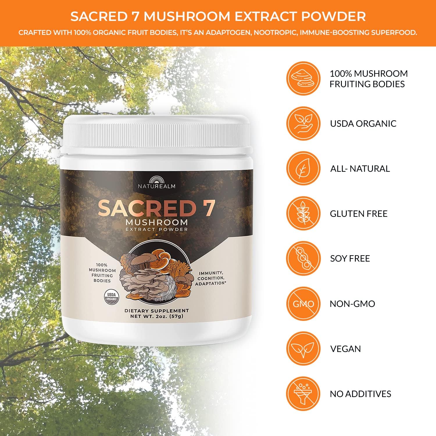 Naturealm Sacred 7 Mushroom Extract Powder - USDA Organic - Lion's Mane, Reishi Naturealm